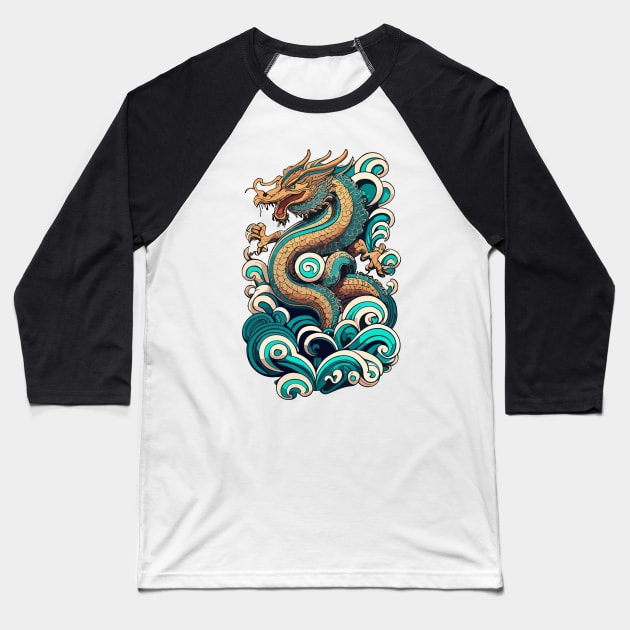 Dragon Waves Baseball T-Shirt by NerdsbyLeo